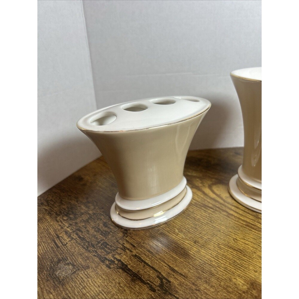 Beige White Gold Trim Ceramic Bath Set Toothbrush Holder Cup Soap Holder Decor - Picture 9 of 16
